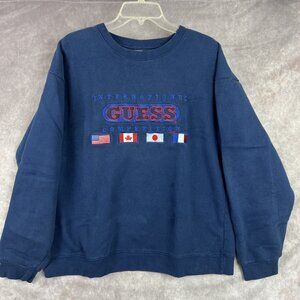 VTG 90s Guess Sweatshirt Mens Large L Blue Fleece Crew Neck Script Spellout